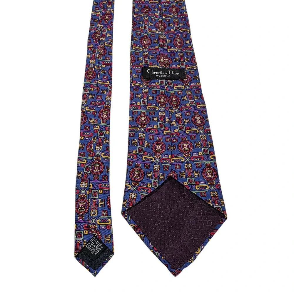 Christian Dior Mens Silk Jacquard Pattern Tie‎ Purple Green Geometric Designer